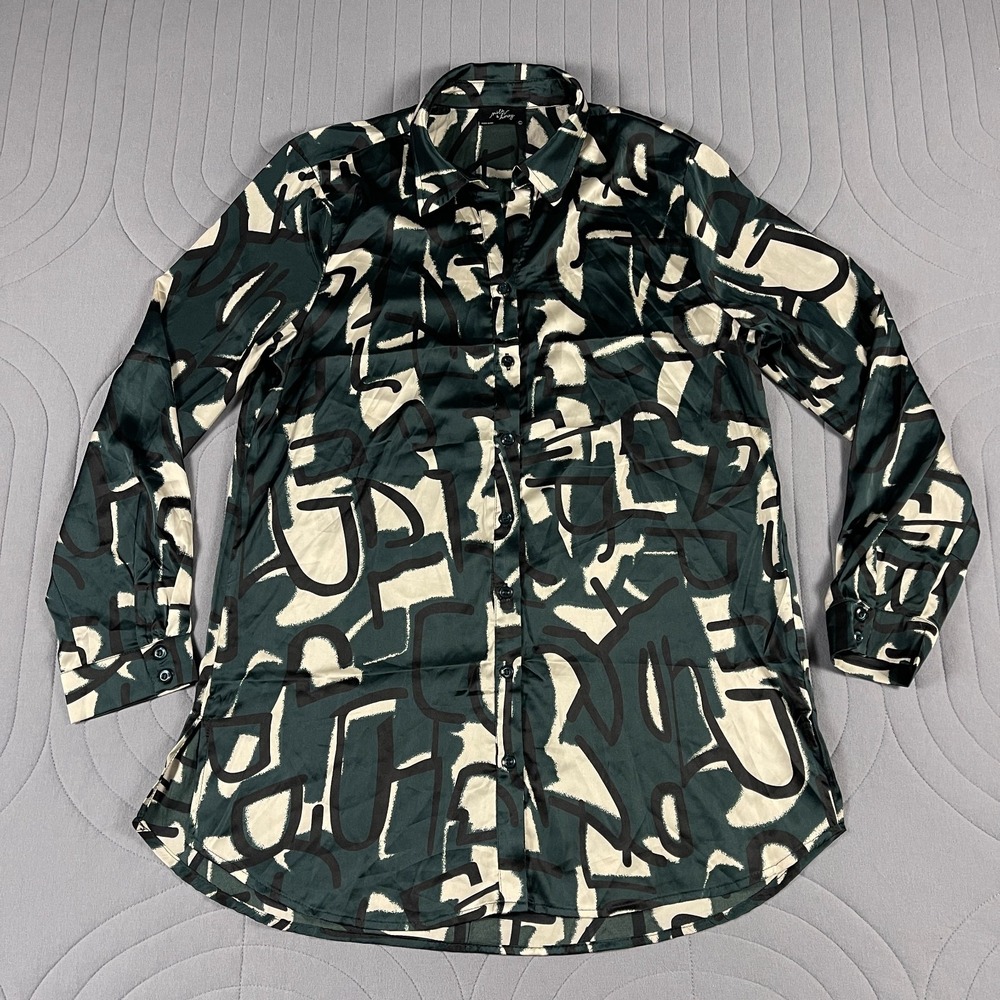 Milk & Honey Blouse Womens L Green Abstract Print Button Up Stretch Top
